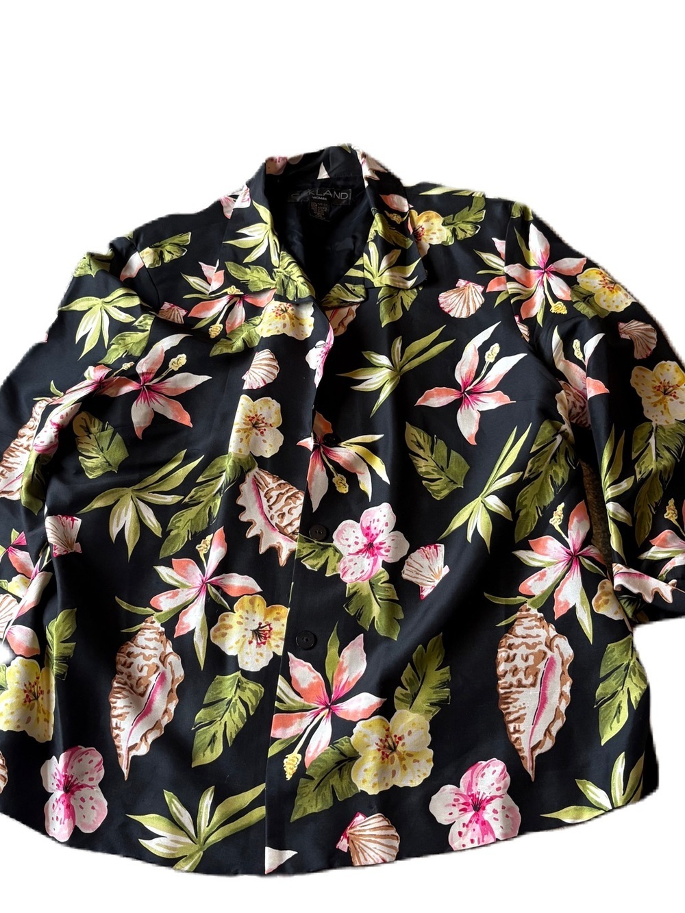SilkLand 100% Silk Button Down Top Shirt 2X Tropical Seashell Black Green